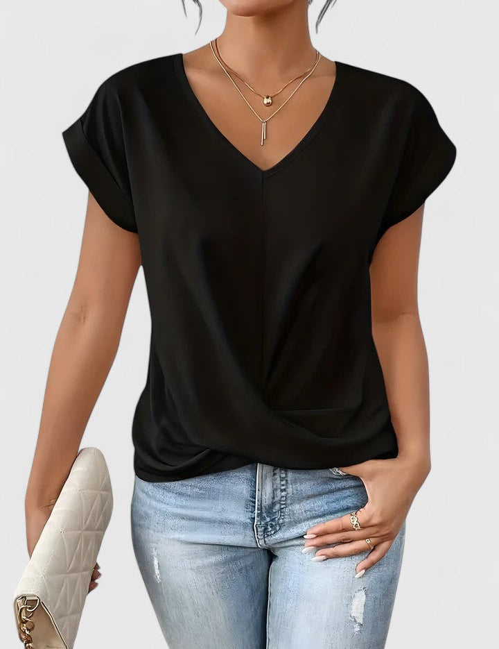 Women's V-Neck Twist Front Short Sleeve Top Soft Flattering Casual Everyday Smart Casual Layering Summer Spring – Beige Cream