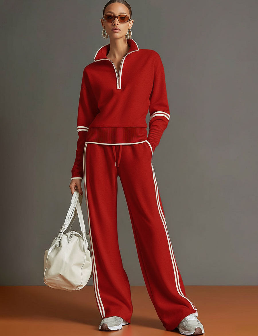 Women's Half-Zip Sweatshirt Wide-Leg Pants Set Sporty Casual Athleisure Two-Piece Tracksuit