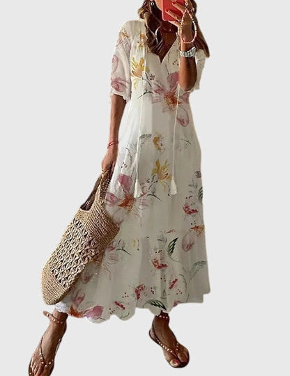 Women's Boho Vintage Summer Midi Dress Floral Print Short Sleeve Casual Feminine Chic – Amalia