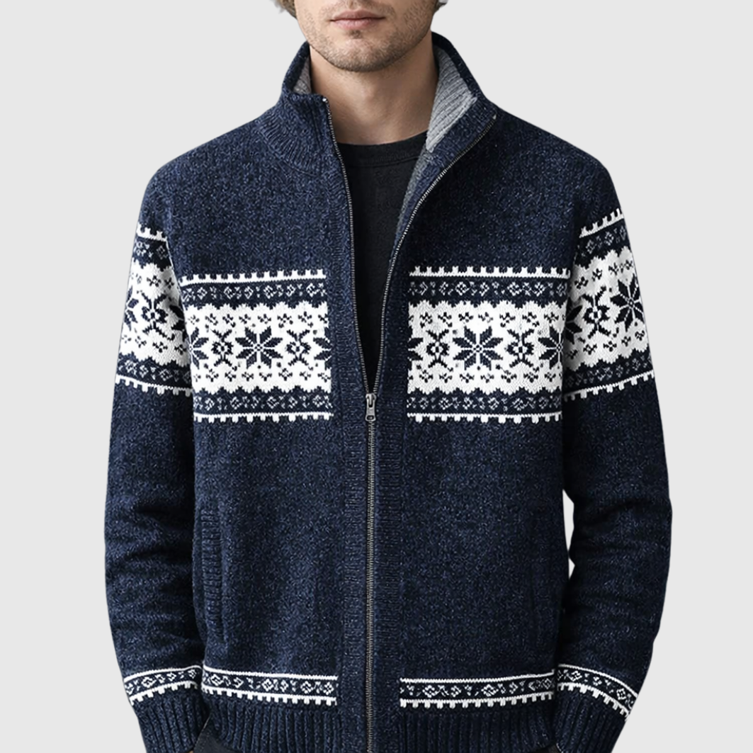 Men’s Zip-Up Sweater – Wool Blend – Sherpa Lined – Jacquard Knit – Regular Fit