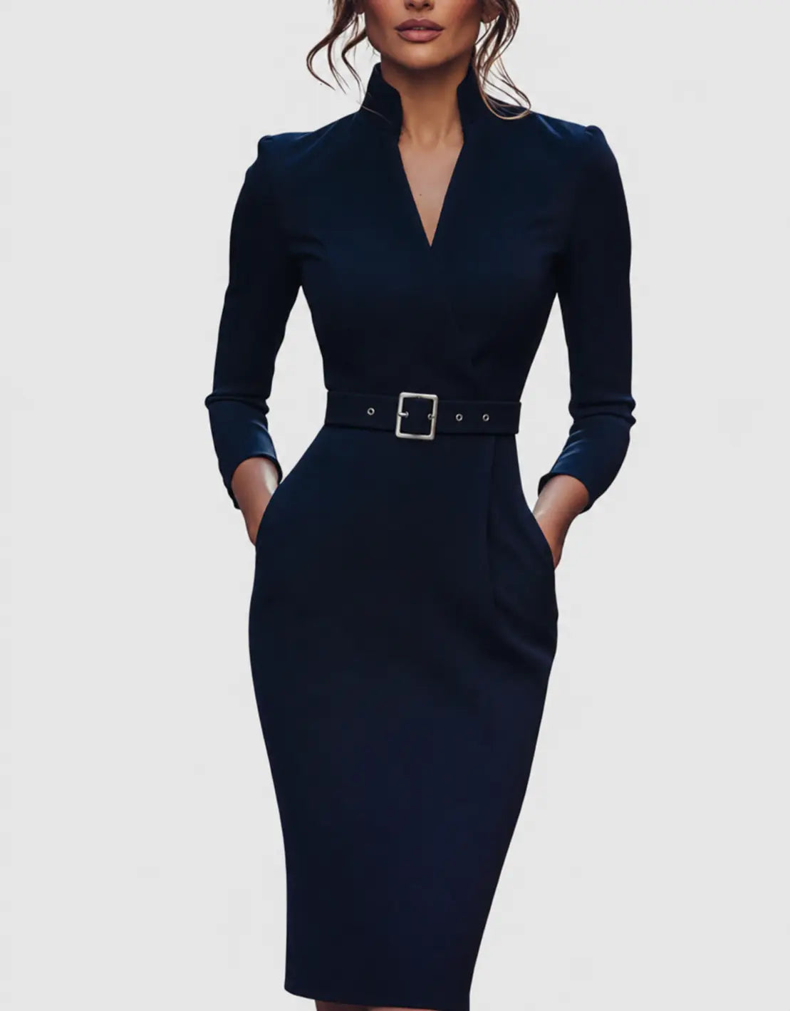 Women's Long Sleeve Pencil Midi Dress V-Neck Belted Office Work Bodycon