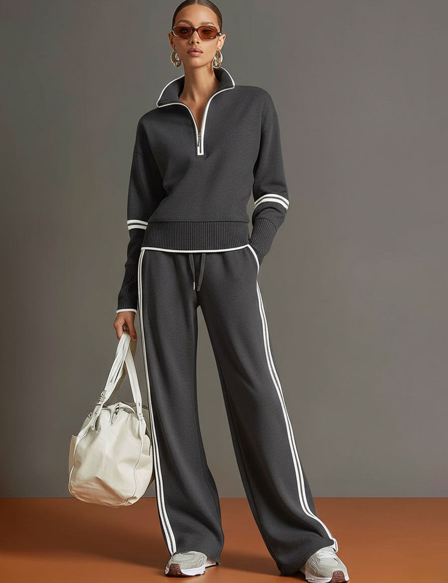 Women's Half-Zip Sweatshirt Wide-Leg Pants Set Sporty Casual Athleisure Two-Piece Tracksuit