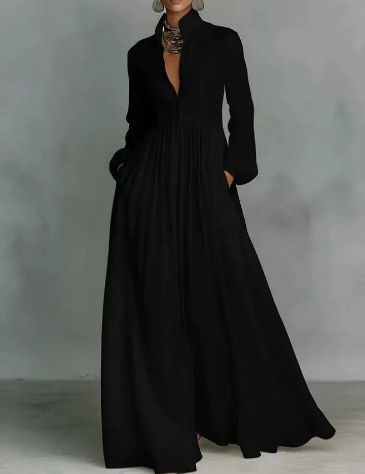 Women's Minimalist Cotton Linen Casual Formal Long Dress Stand-Up Collar Single-Breasted Elegant