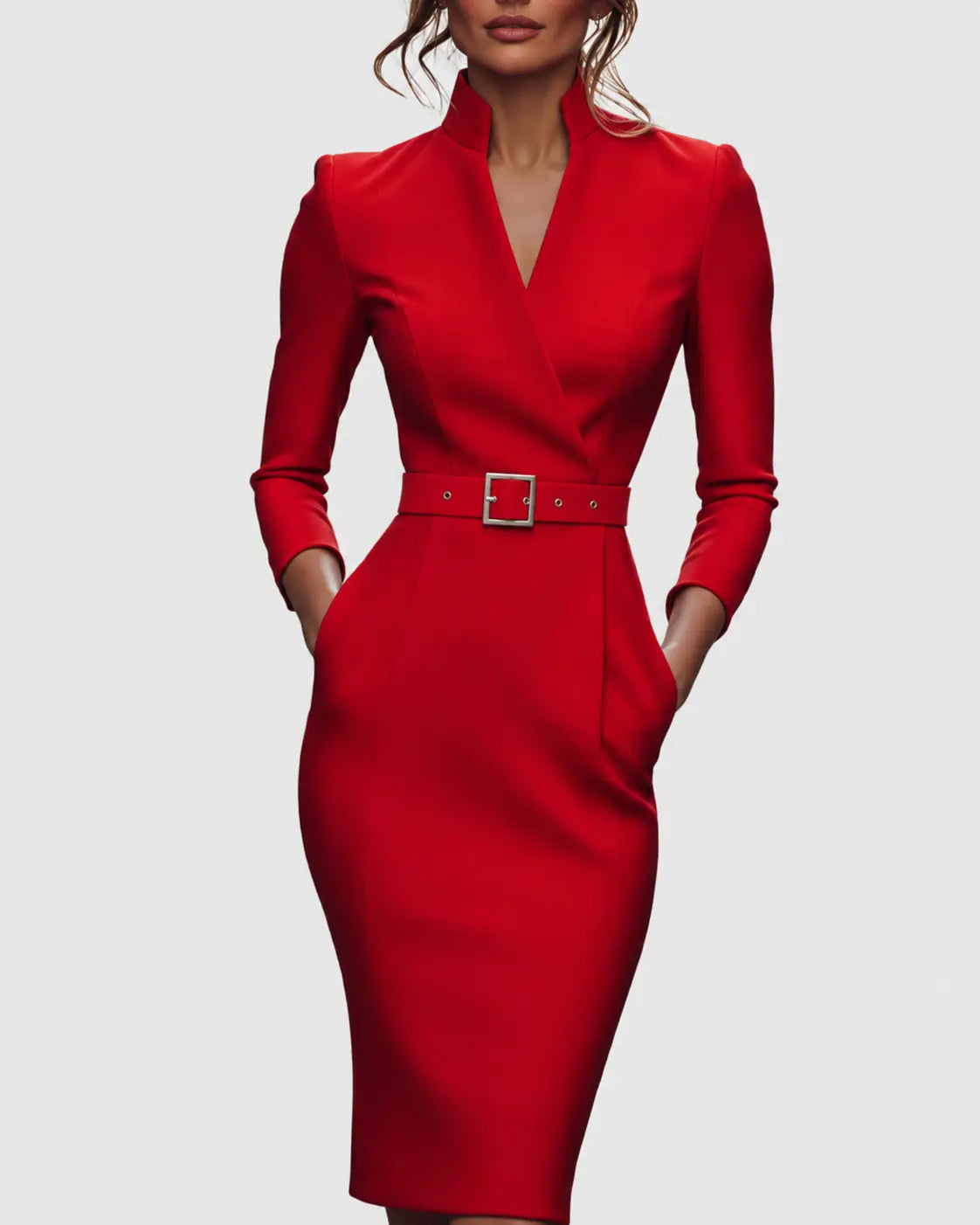 Women's Long Sleeve Pencil Midi Dress V-Neck Belted Office Work Bodycon