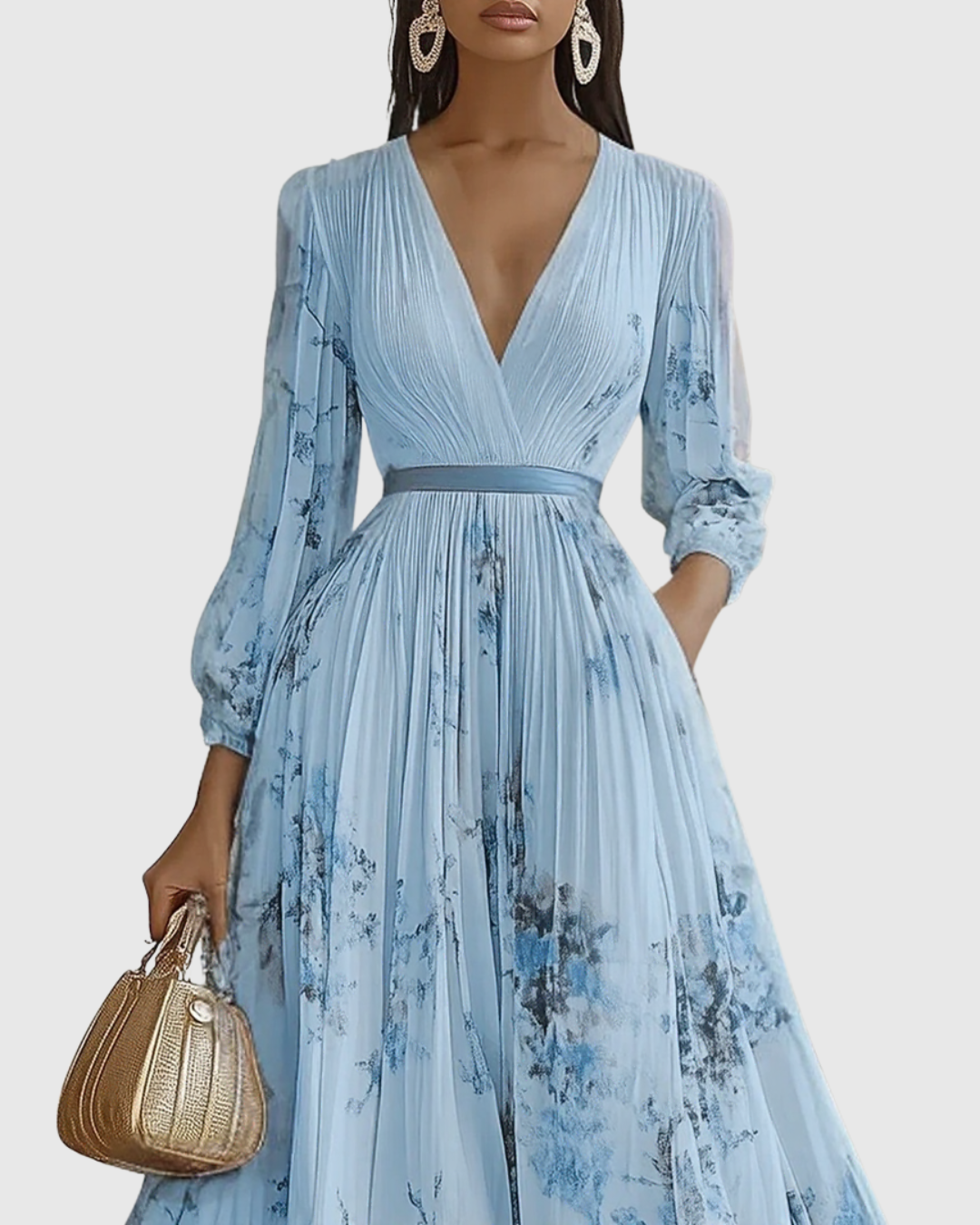 Women's Elegant Pleated Floral Midi Dress V-Neck Long Sleeve Ribbon Waist Formal Casual – Rowella