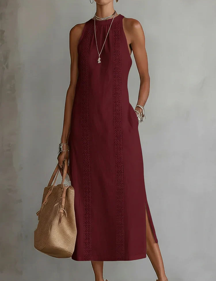 Women's Retro Minimalist Linen Midi Dress Sleeveless High Neck Lace Detail Casual Summer Beach Vacation Everyday – Celeste