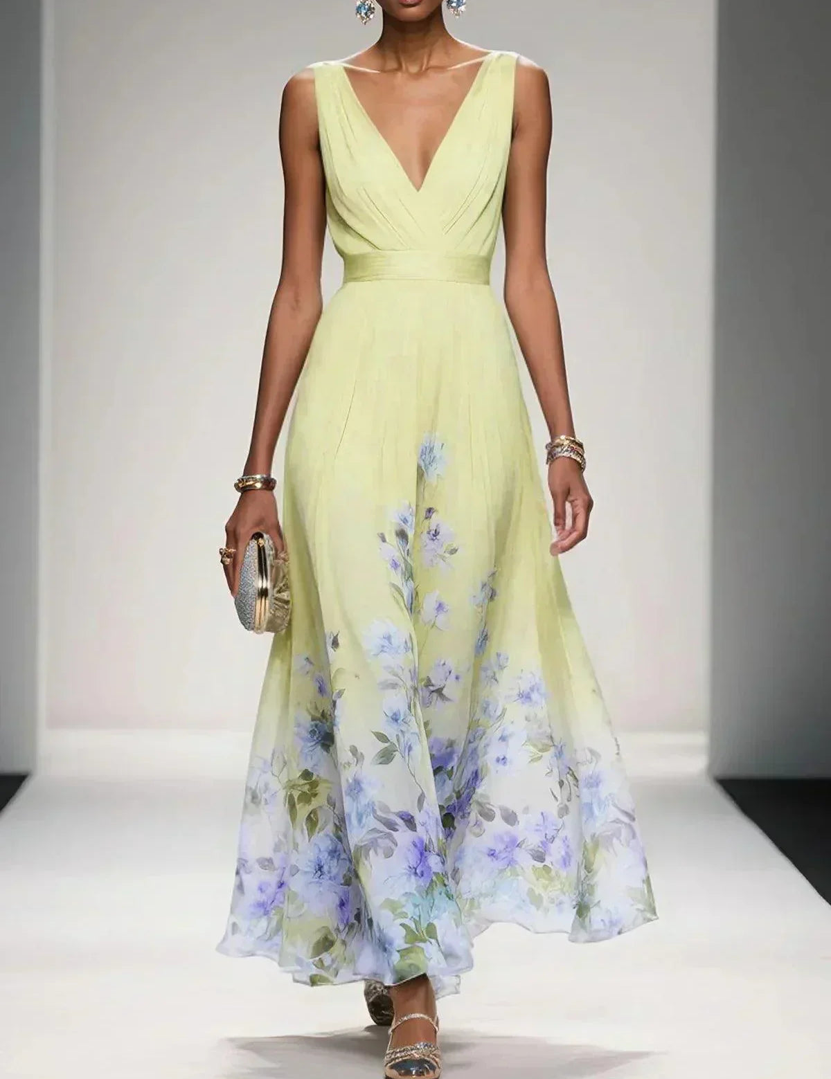 Women's Floral Long Wedding Guest Dress Fluid Feminine Romantic Elegant Ceremony Gown