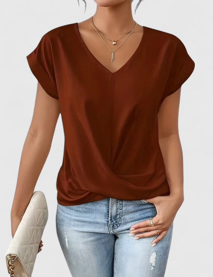 Women's V-Neck Twist Front Short Sleeve Top Soft Flattering Casual Everyday Smart Casual Layering Summer Spring – Beige Cream