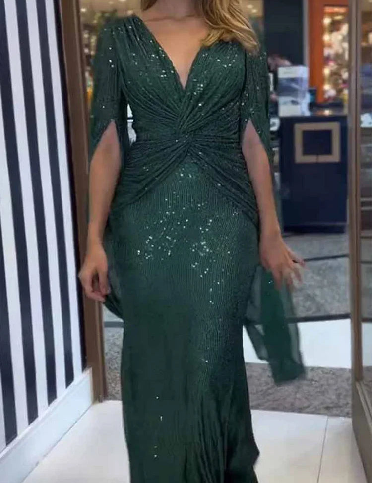 Women's Sequin V-Neck Long Sleeve Maxi Dress A-Line Formal Prom Gala Wedding Guest Evening Red Carpet – Seraphina