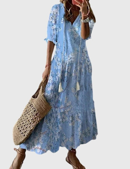 Women's Boho Vintage Summer Midi Dress Floral Print Short Sleeve Casual Feminine Chic – Amalia