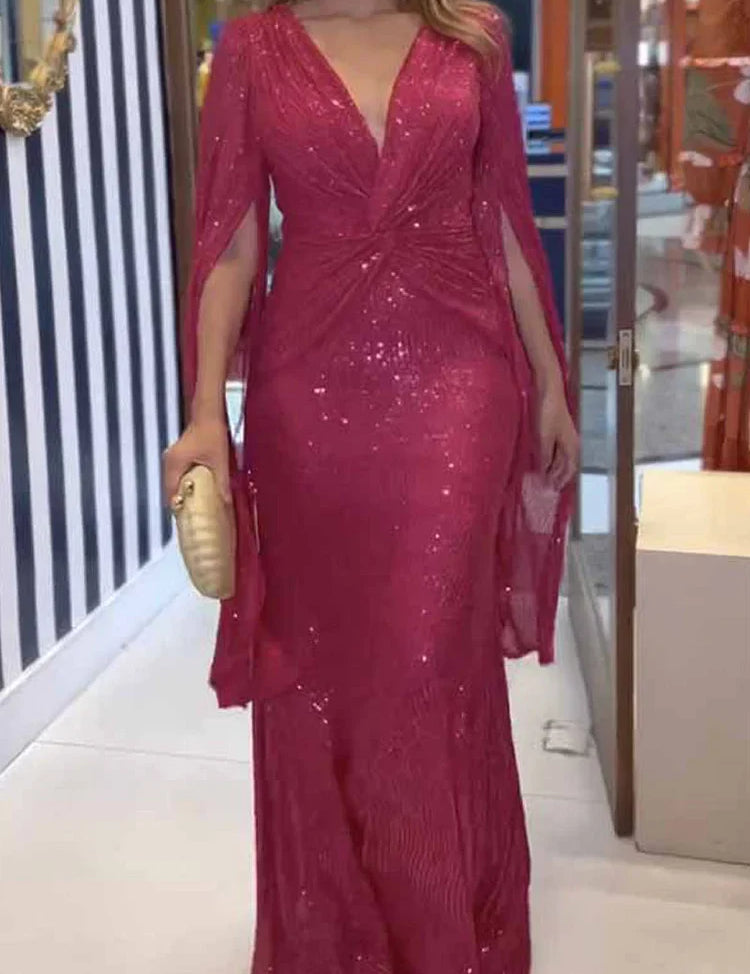 Women's Sequin V-Neck Long Sleeve Maxi Dress A-Line Formal Prom Gala Wedding Guest Evening Red Carpet – Seraphina