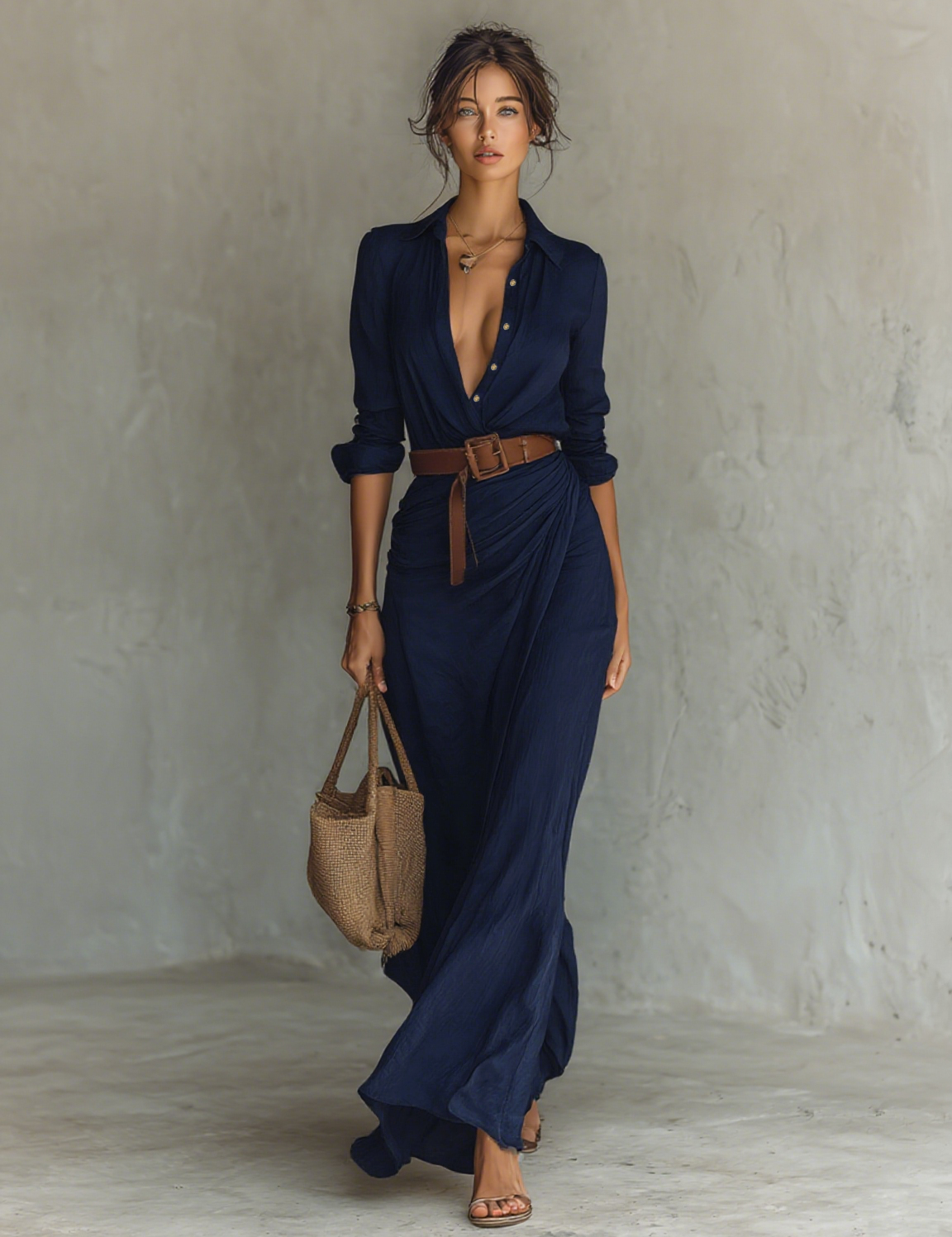 Women's Elegant Cowgirl Long Dress Lapel Single Breasted Belted Waist Long Sleeve Casual Cowgirl – Camel