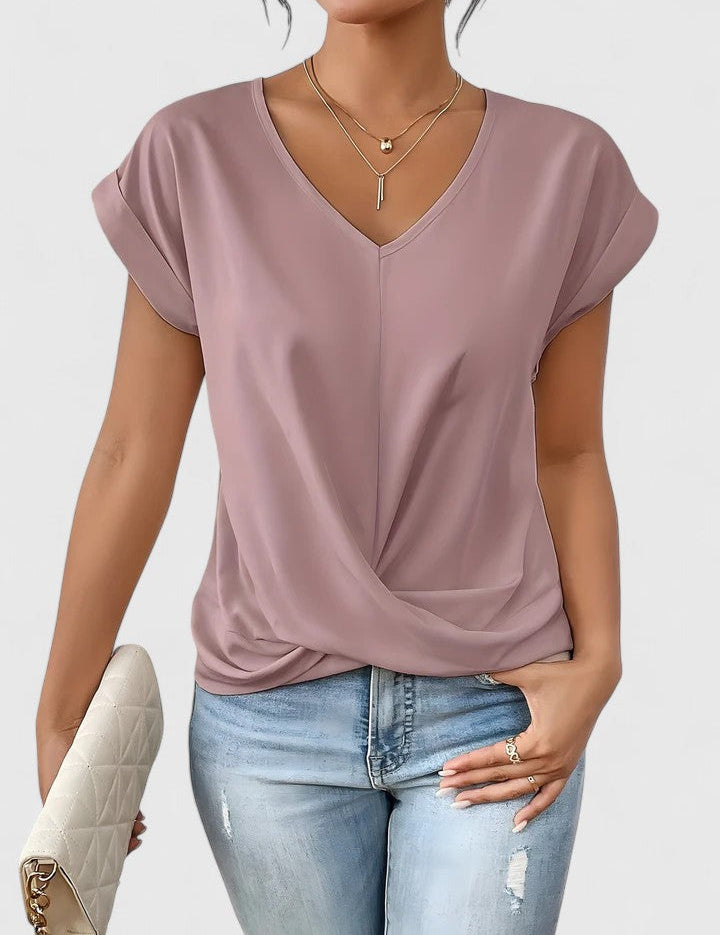 Women's V-Neck Twist Front Short Sleeve Top Soft Flattering Casual Everyday Smart Casual Layering Summer Spring – Beige Cream
