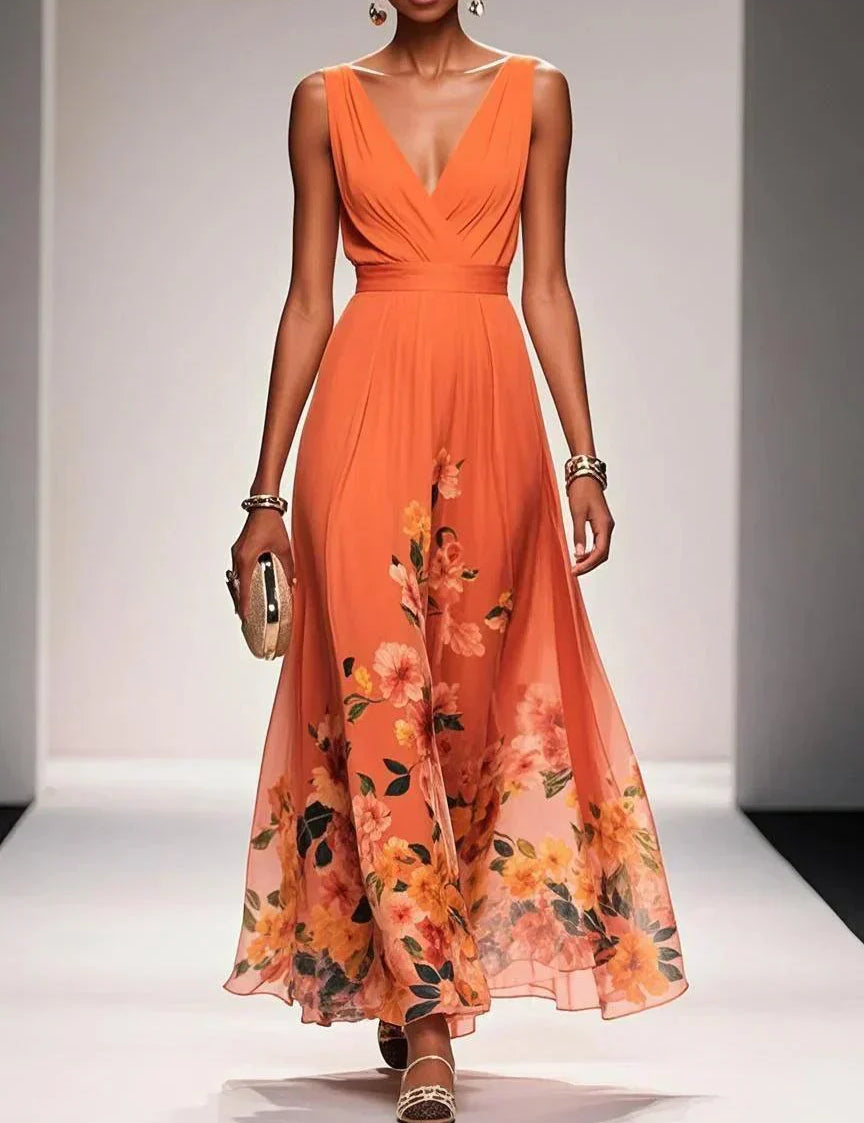 Women's Floral Long Wedding Guest Dress Fluid Feminine Romantic Elegant Ceremony Gown