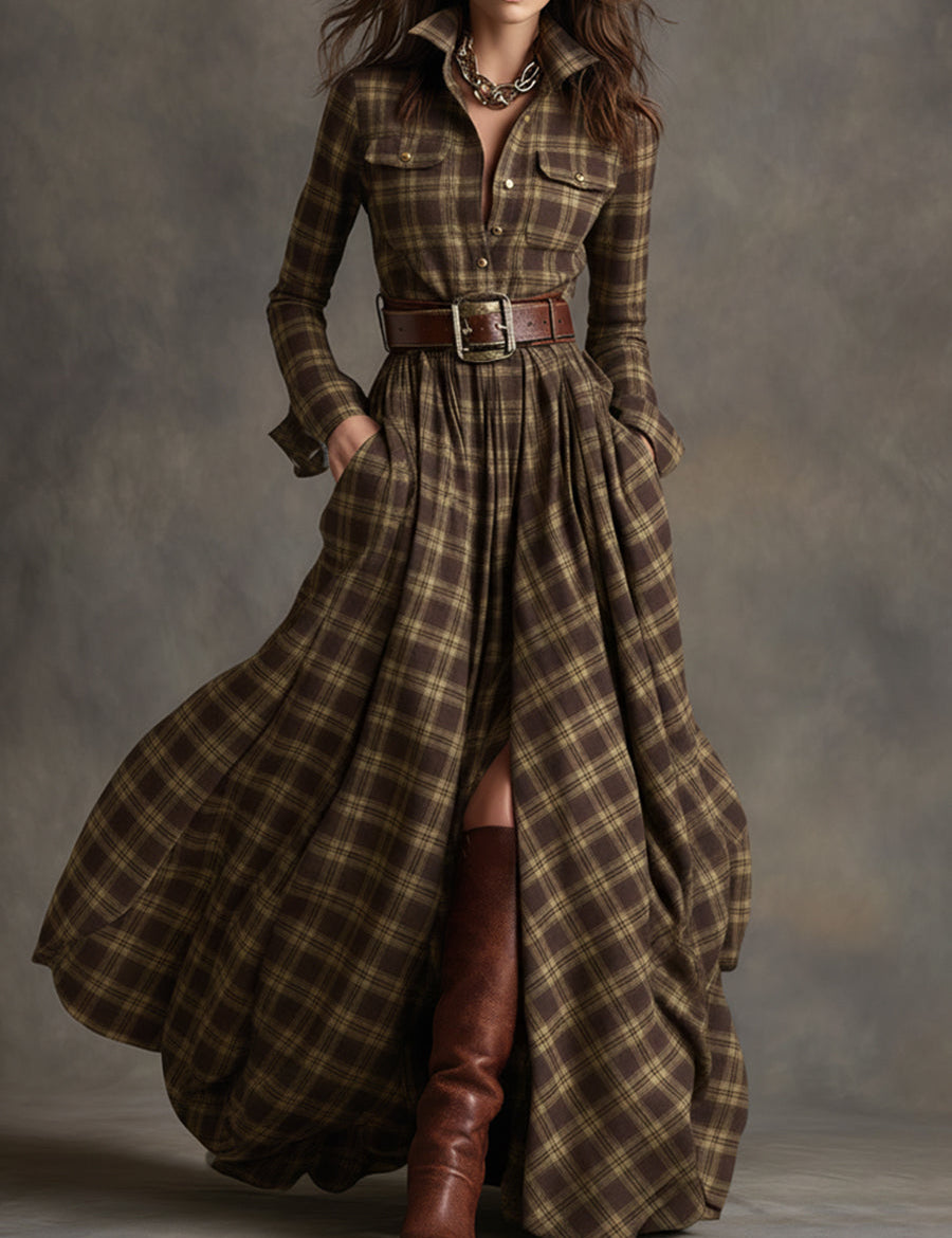 Women's Retro Ethnic Plaid Cowgirl Long Dress Lapel Belted Long Sleeve Casual Relaxed – Reddish Brown