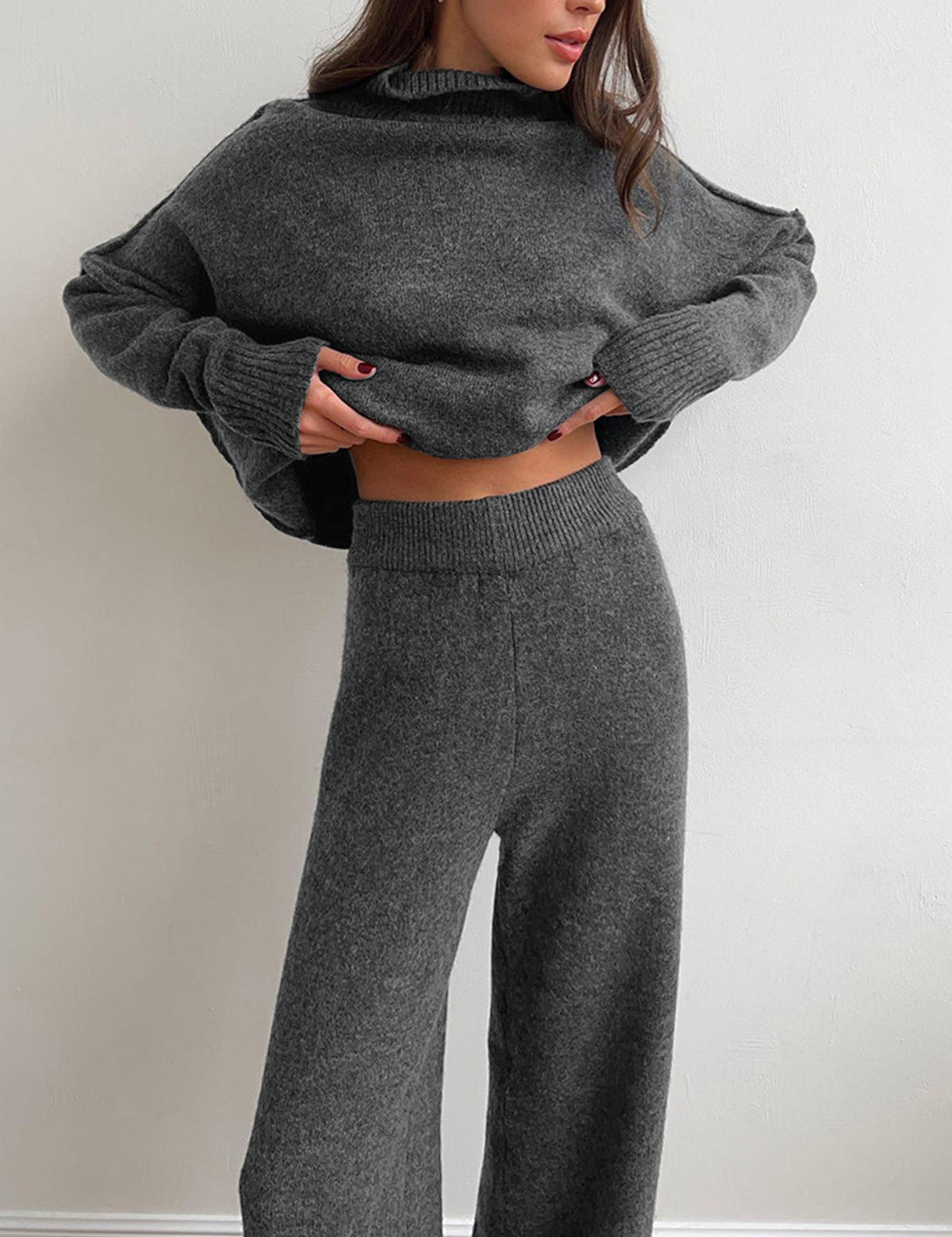 Women's Soft Knit Turtleneck Lounge Set Slouchy Wide-Leg Pants Cozy Casual Winter Everyday Comfort