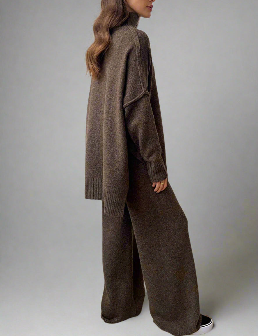 Women's Soft Knit Turtleneck Lounge Set Slouchy Wide-Leg Pants Cozy Casual Winter Everyday Comfort