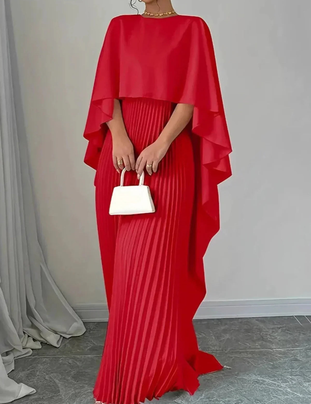 Women's Long Wedding Guest Dress Pleated Cape Overlay Fluid Elegant Formal Party Gown – Makayla