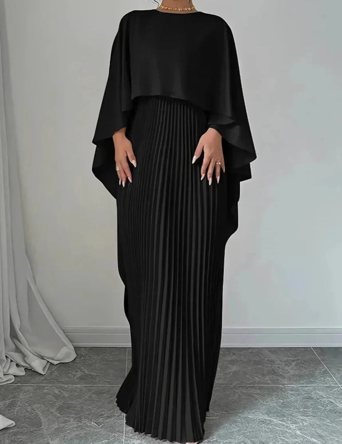 Women's Long Wedding Guest Dress Pleated Cape Overlay Fluid Elegant Formal Party Gown – Makayla