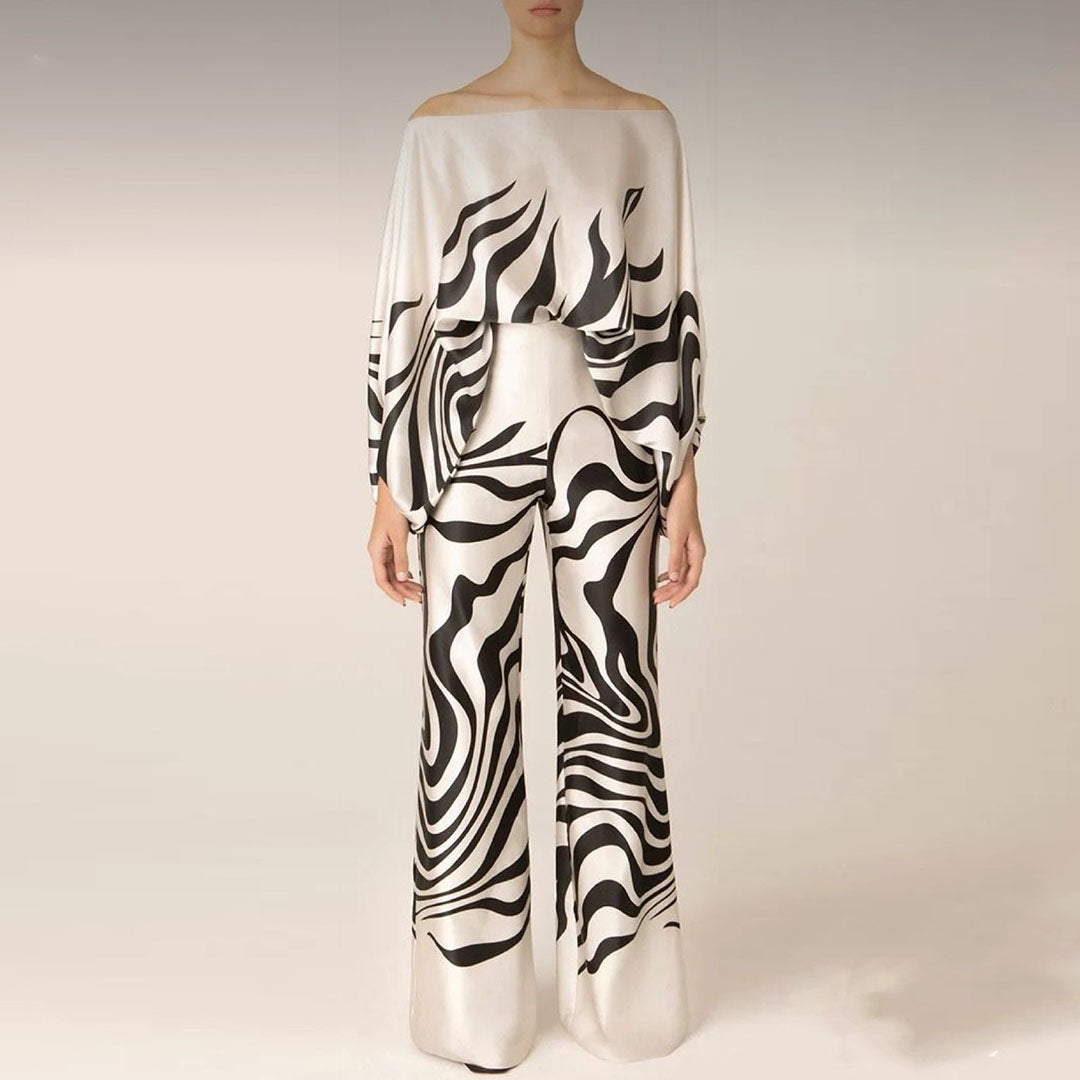 Women's Chic Summer Two-Piece Set Printed Flowy Top Wide-Leg Pants Casual Vacation Elegant Outfit