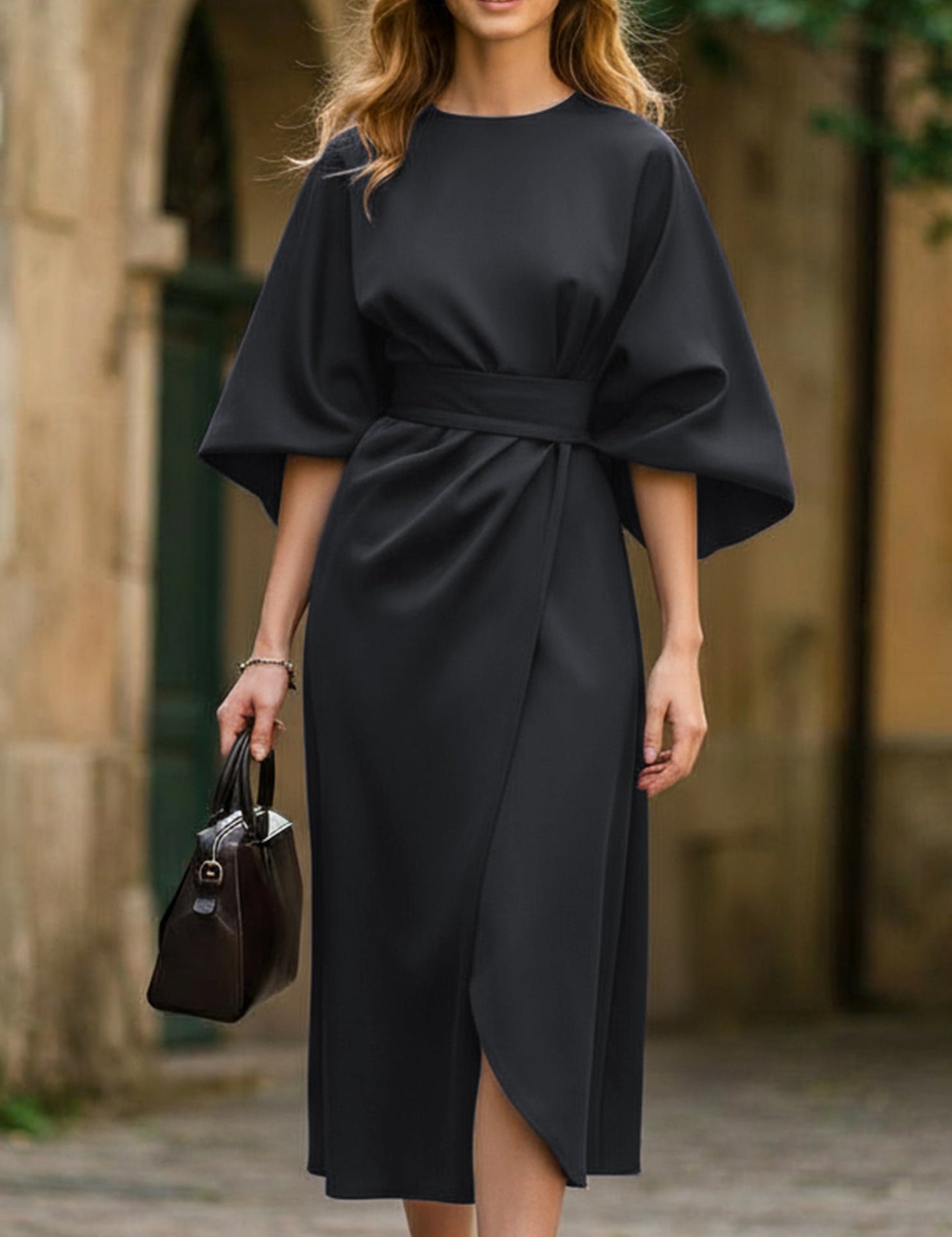 Women's Elegant Solid Color Wrap Knot Midi Dress Batwing Sleeve Polyester Wedding Guest Formal Party Dress