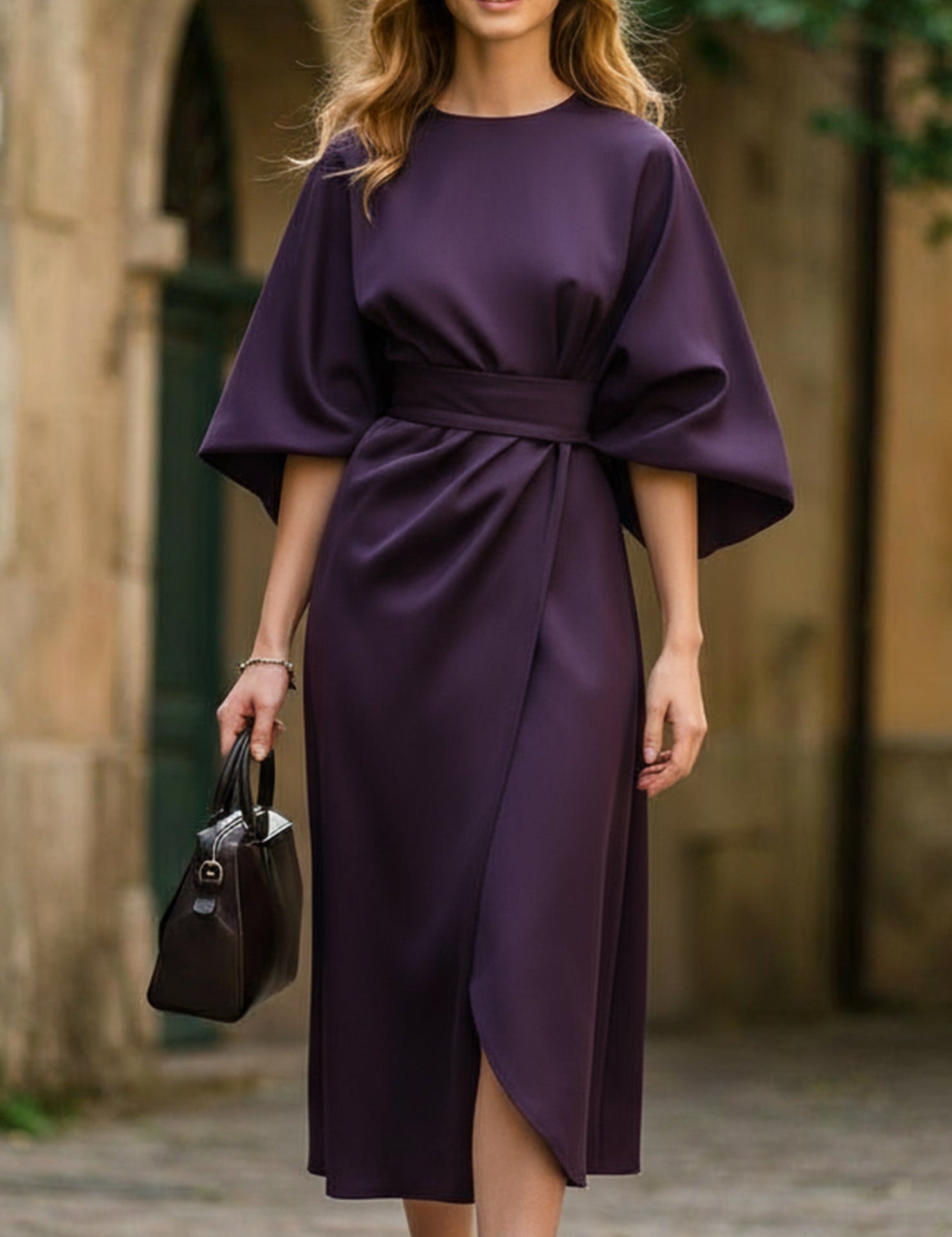 Women's Elegant Solid Color Wrap Knot Midi Dress Batwing Sleeve Polyester Wedding Guest Formal Party Dress