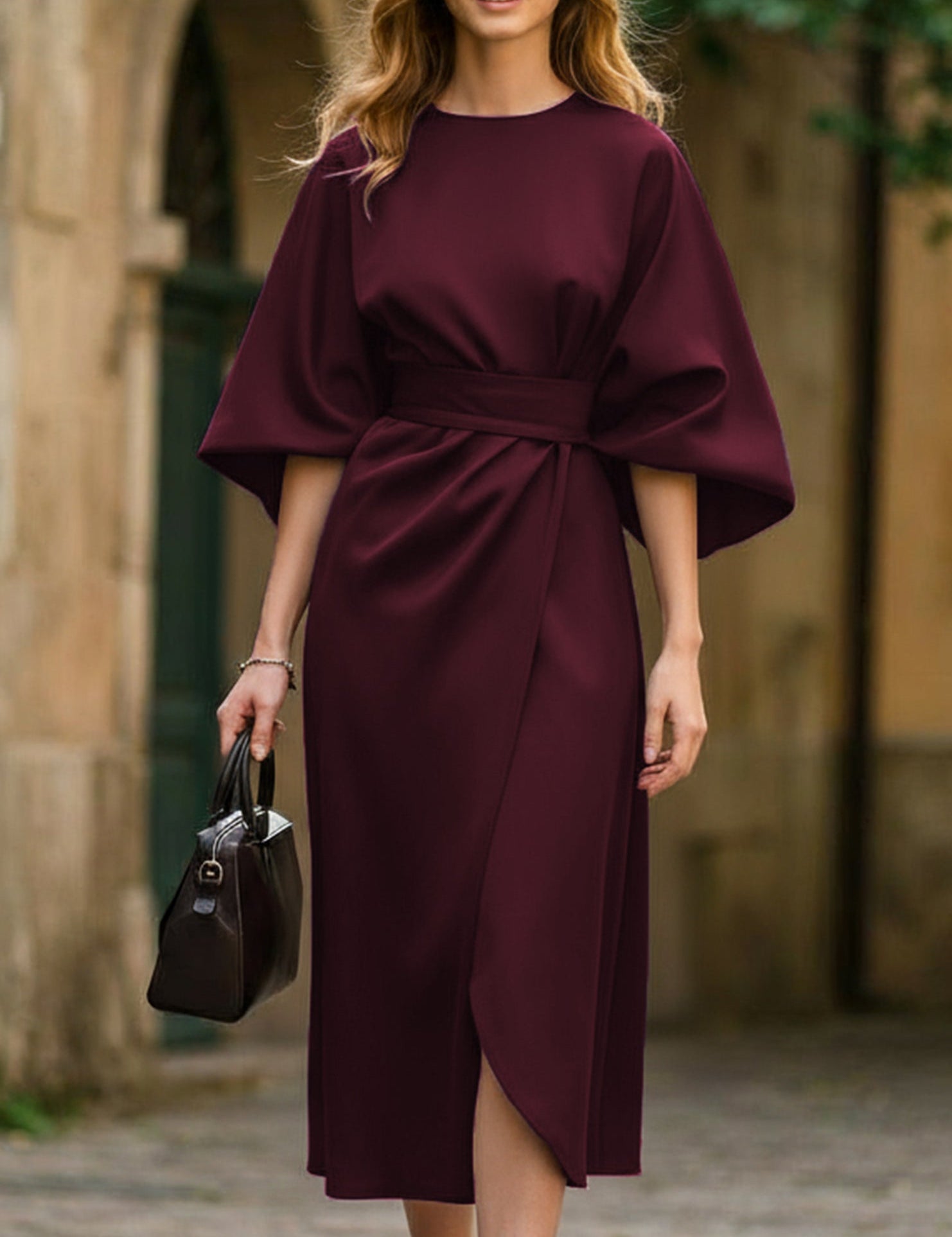 Women's Elegant Solid Color Wrap Knot Midi Dress Batwing Sleeve Polyester Wedding Guest Formal Party Dress