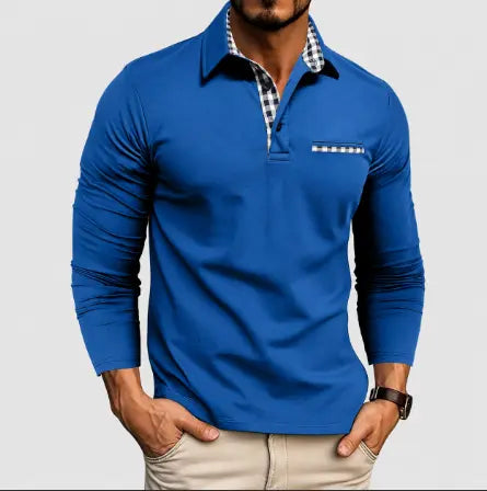 Men's Long Sleeve Polo Shirt Pointed Collar Button Placket Chest Pocket Tailored Fit Casual Business Smart Casual – Grey