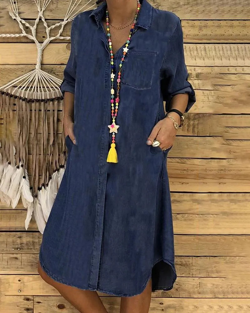 Women's Casual Denim Shirt Dress Button-Down Collar Pockets Relaxed Fit Everyday Midi Summer Style