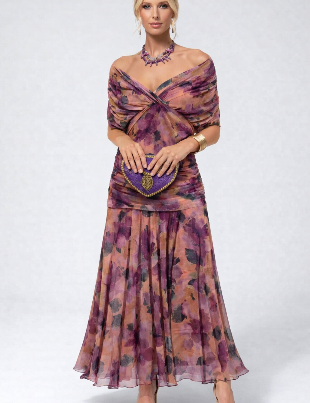 Women's Flowing Floral Long Dress Off-Shoulder V-Neck Formal Elegant Wedding Guest Casual – Lilly