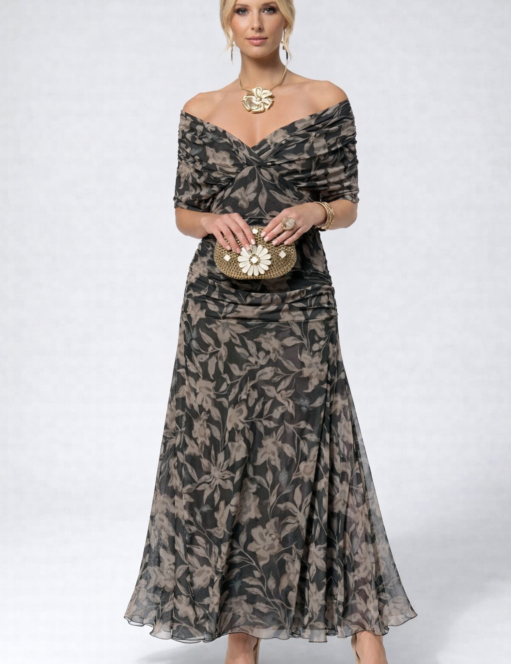 Women's Flowing Floral Long Dress Off-Shoulder V-Neck Formal Elegant Wedding Guest Casual – Lilly