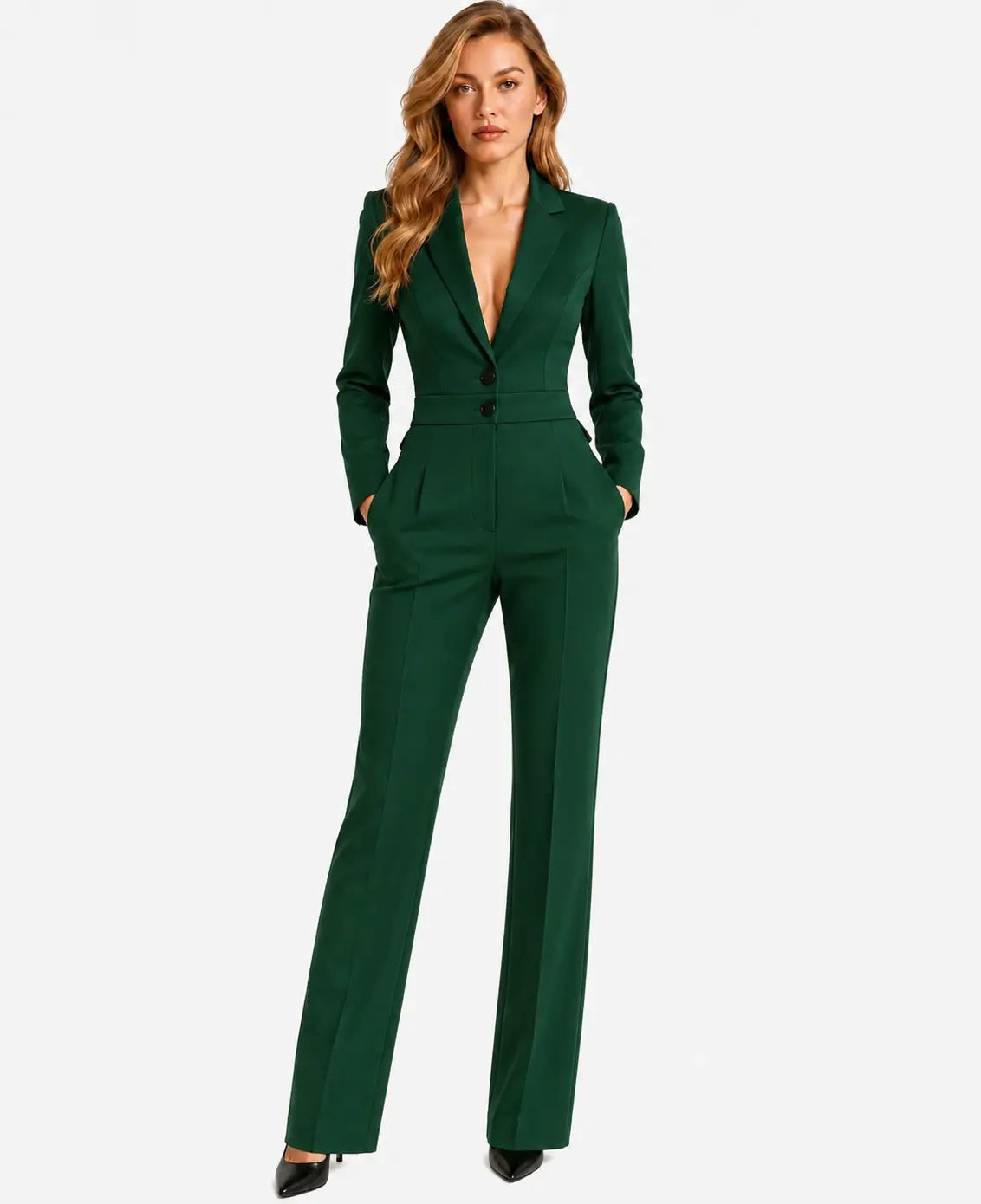 Women's Fitted Waist Jumpsuit Crossover V-Neck Wrap Front Wide-Leg Notched Lapel Formal Elegant