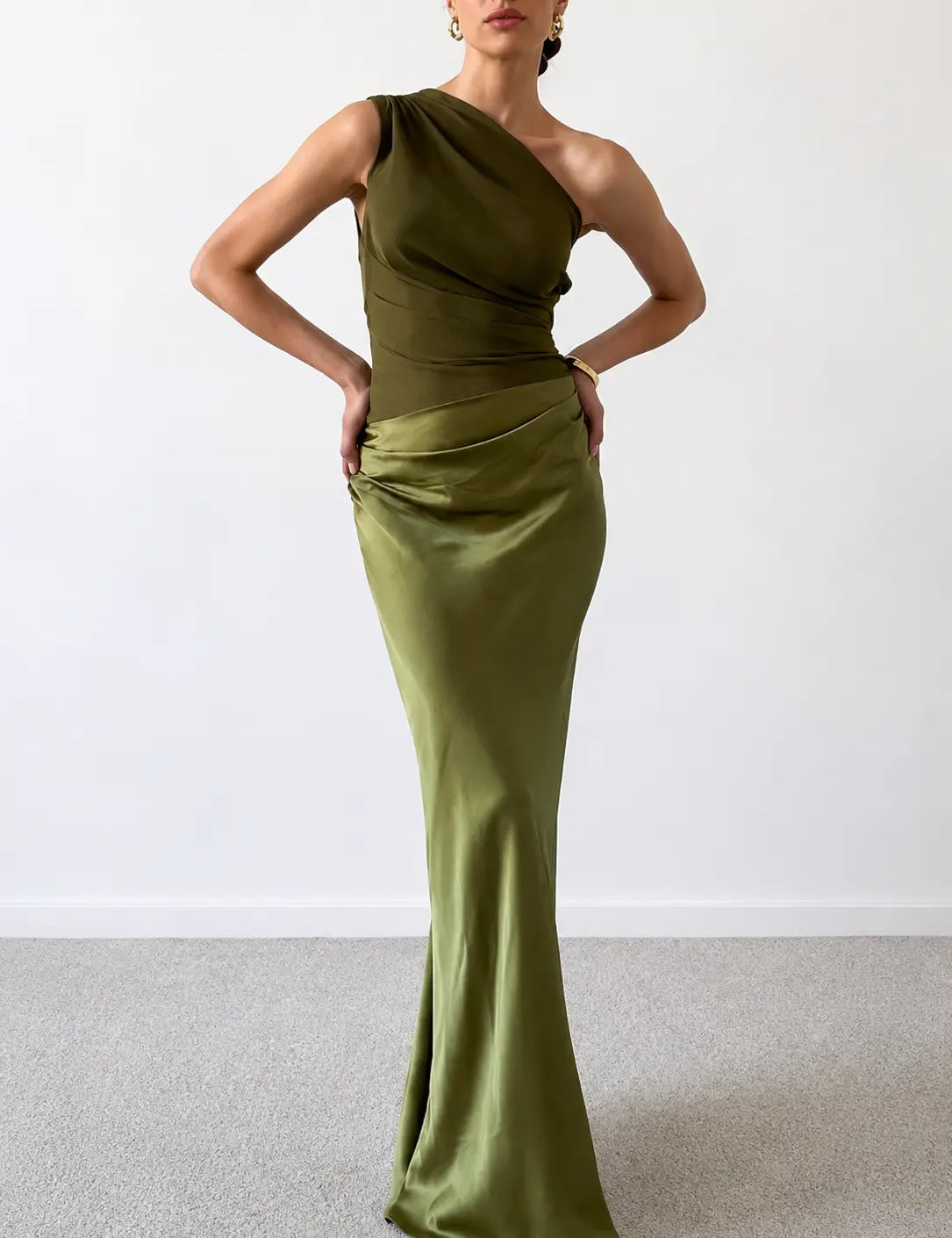 Women's One Shoulder Pleated Satin Long Dress Elegant Formal Wedding Guest Party Evening – Anita