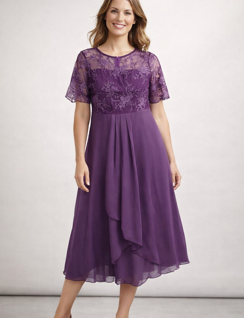Women's Lace Chiffon Short Sleeve Midi Dress Wedding Guest Formal Elegant Flowy Plus Size
