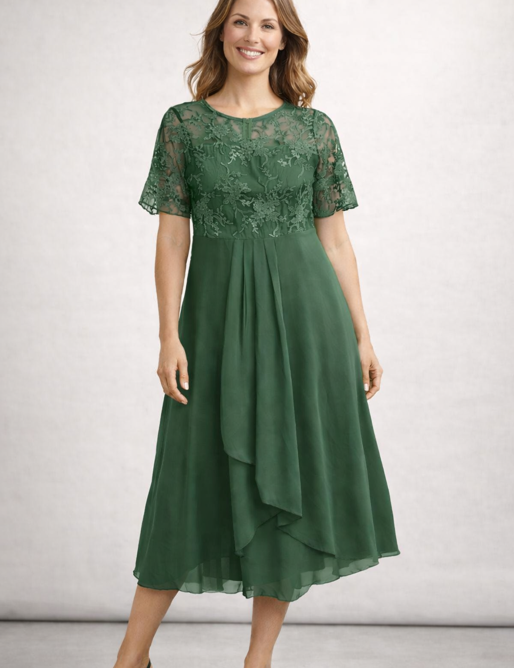 Women's Lace Chiffon Short Sleeve Midi Dress Wedding Guest Formal Elegant Flowy Plus Size