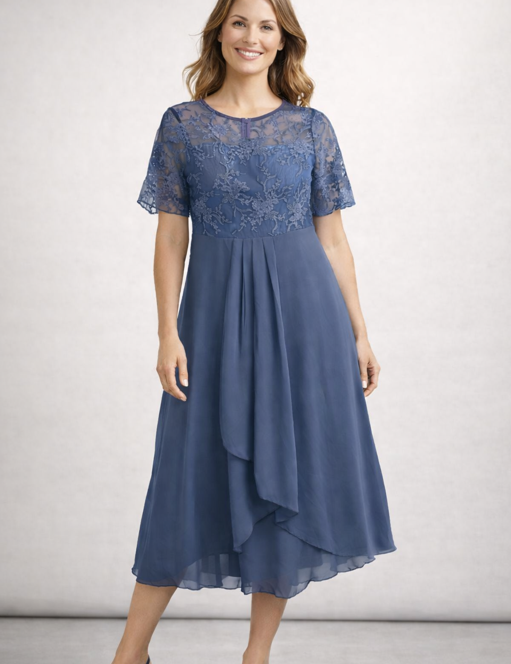 Women's Lace Chiffon Short Sleeve Midi Dress Wedding Guest Formal Elegant Flowy Plus Size