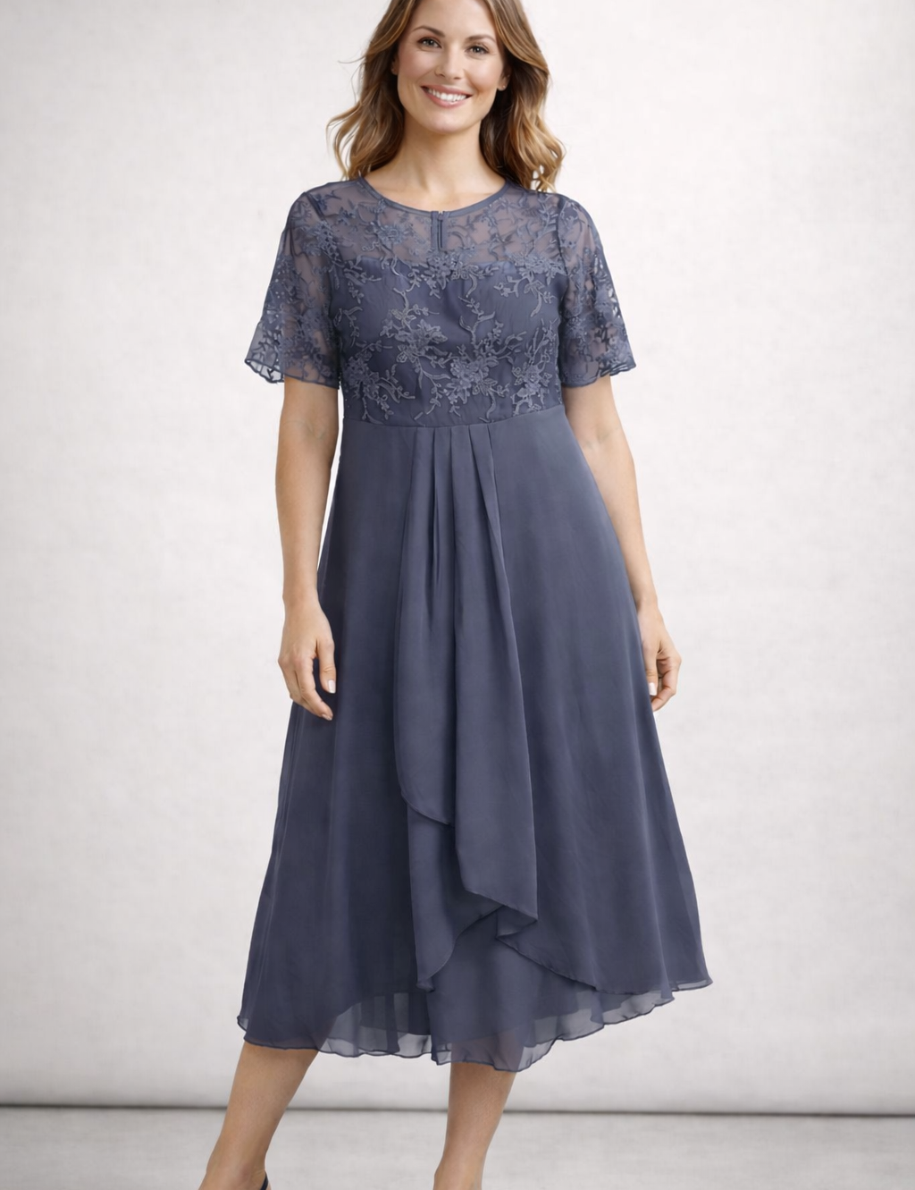 Women's Lace Chiffon Short Sleeve Midi Dress Wedding Guest Formal Elegant Flowy Plus Size