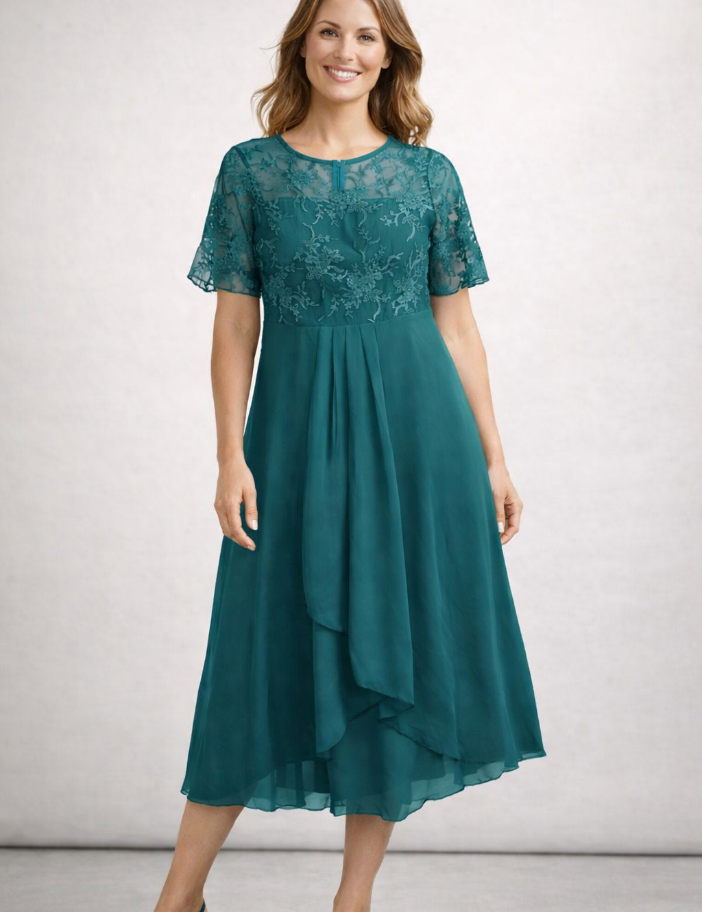 Women's Lace Chiffon Short Sleeve Midi Dress Wedding Guest Formal Elegant Flowy Plus Size