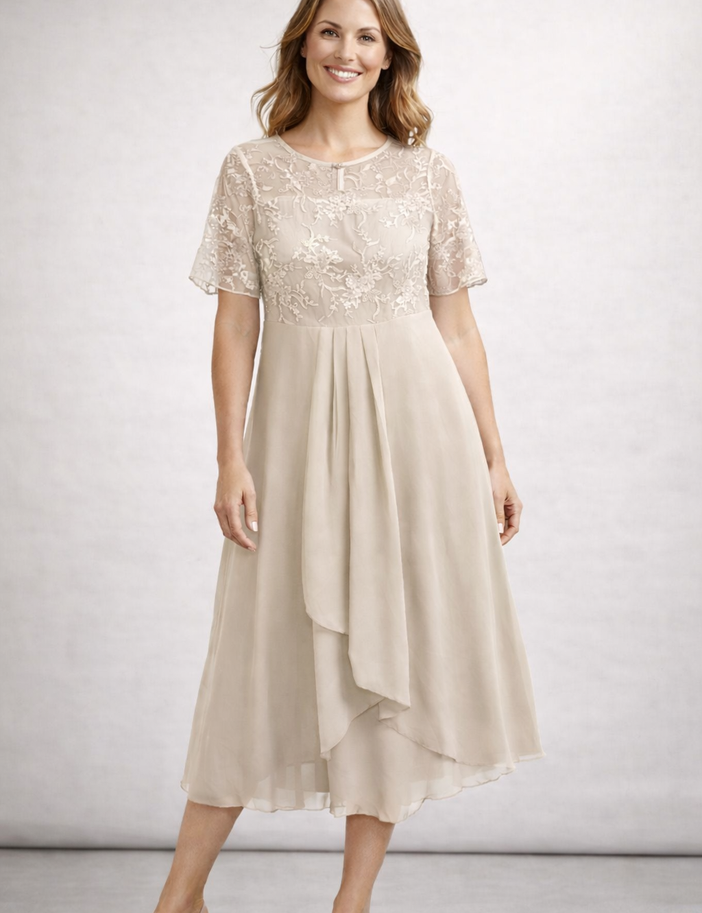 Women's Lace Chiffon Short Sleeve Midi Dress Wedding Guest Formal Elegant Flowy Plus Size
