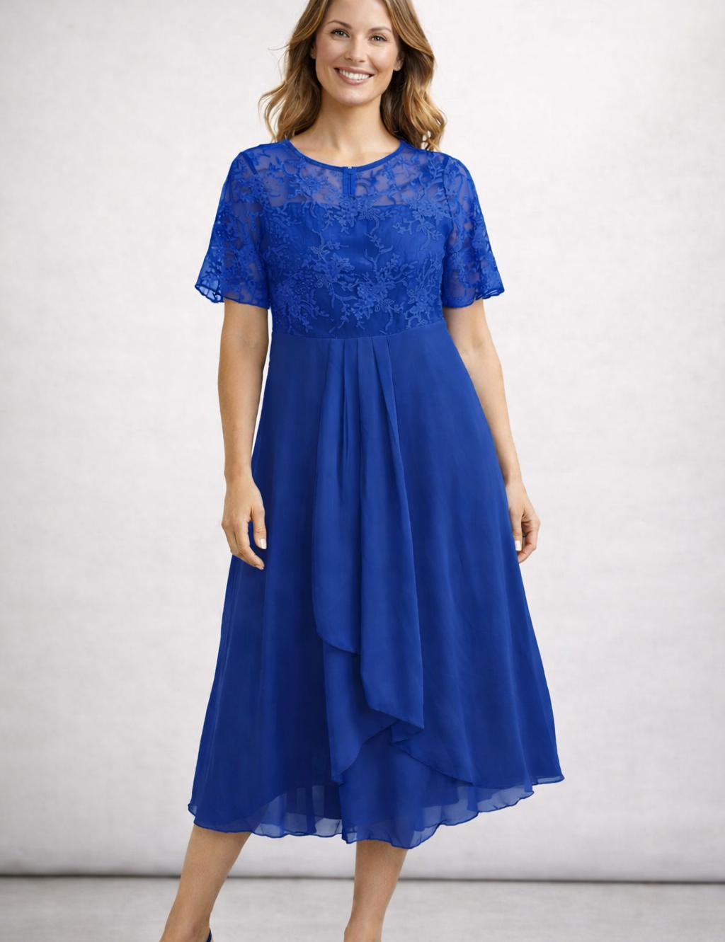 Women's Lace Chiffon Short Sleeve Midi Dress Wedding Guest Formal Elegant Flowy Plus Size