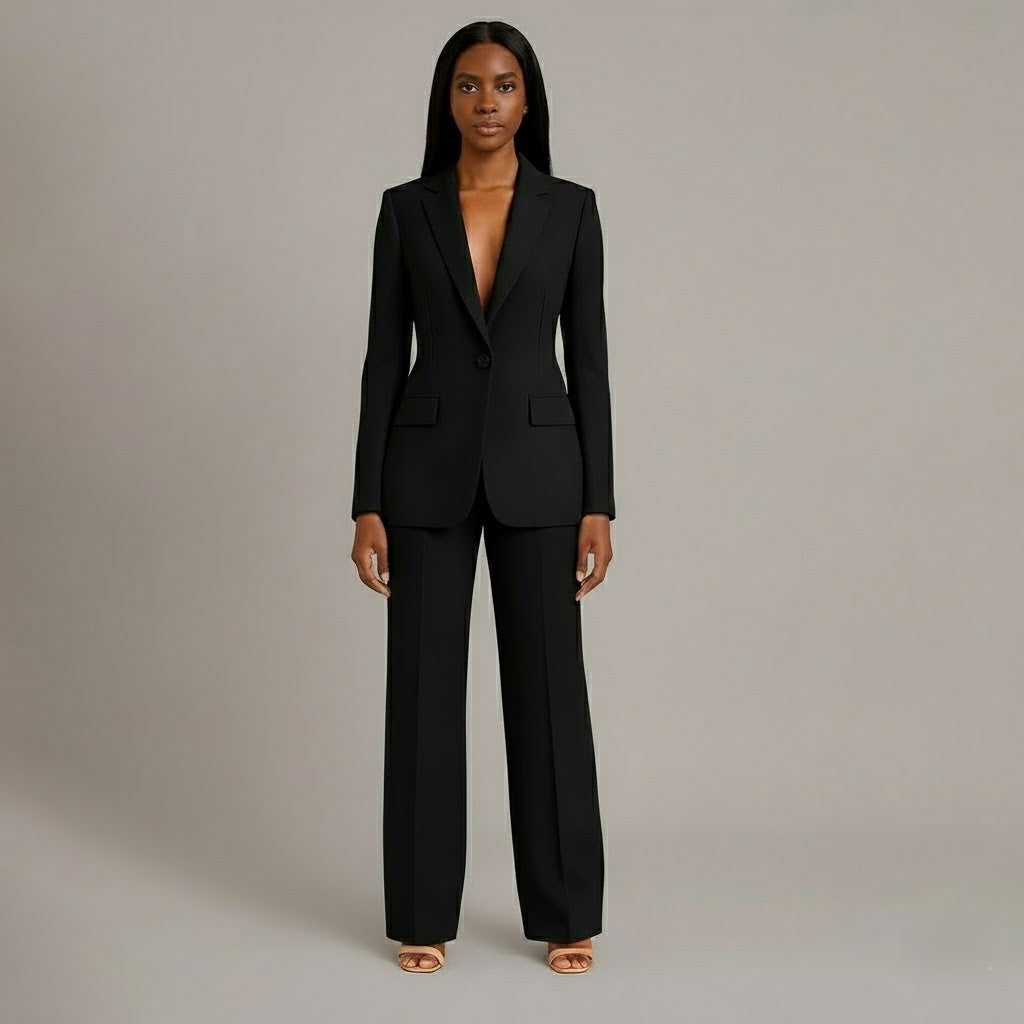 Women's Formal Tailored Suit Set Structured Long Blazer Slim-Fit Wide-Leg Pants Office Elegant – Christi