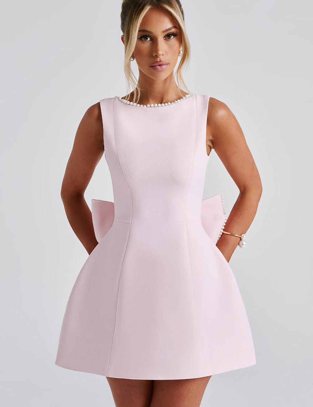 Women's Structured Bow Back Pearl Trim Mini Dress Cocktail Party Wedding Guest Bridal Shower Birthday Date Night – Blush