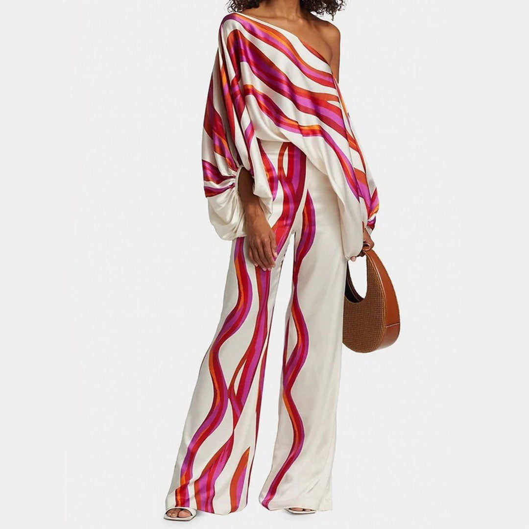 Women's Chic Summer Two-Piece Set Printed Flowy Top Wide-Leg Pants Casual Vacation Elegant Outfit