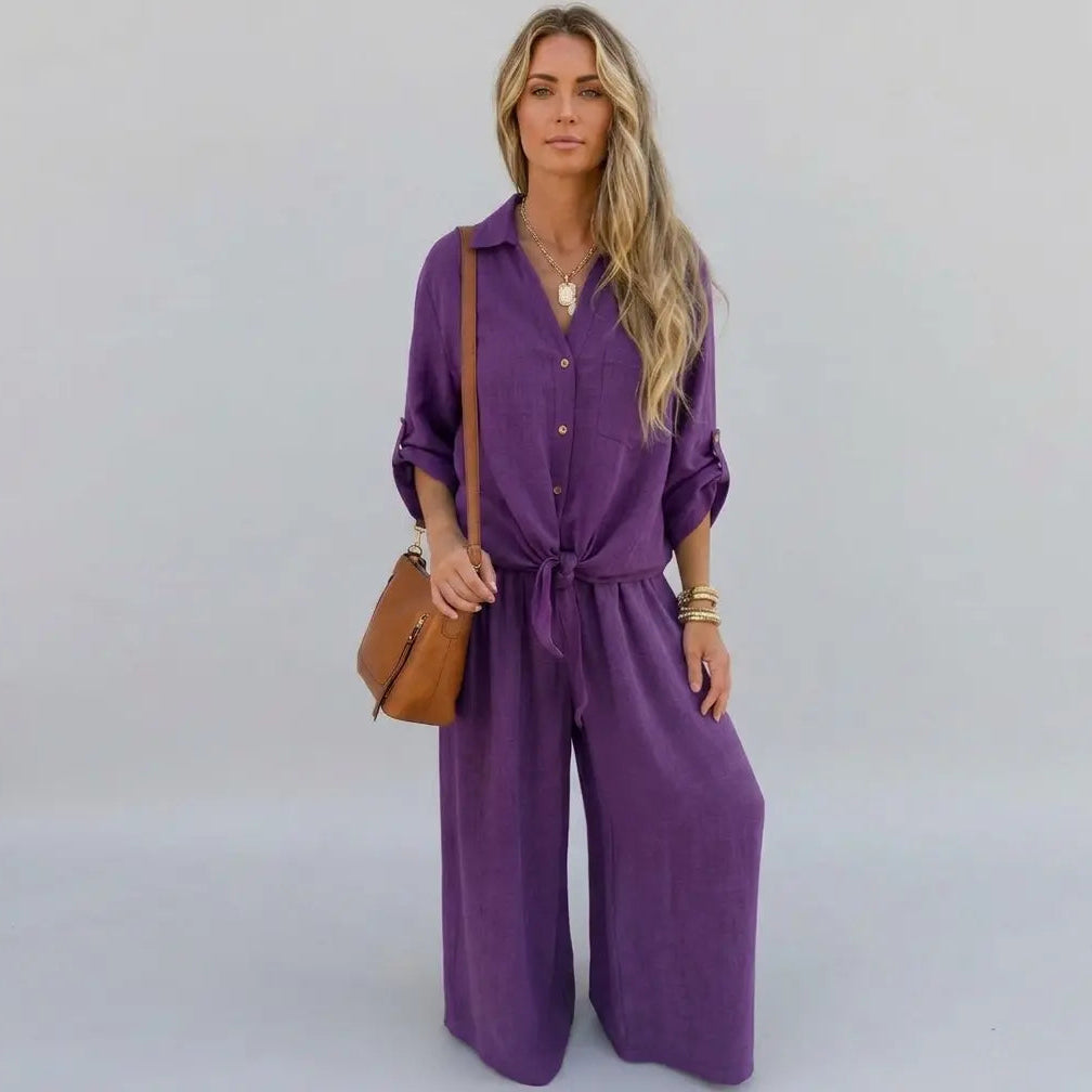 Women’s Button Front Two-Piece Shirt and Trousers Set