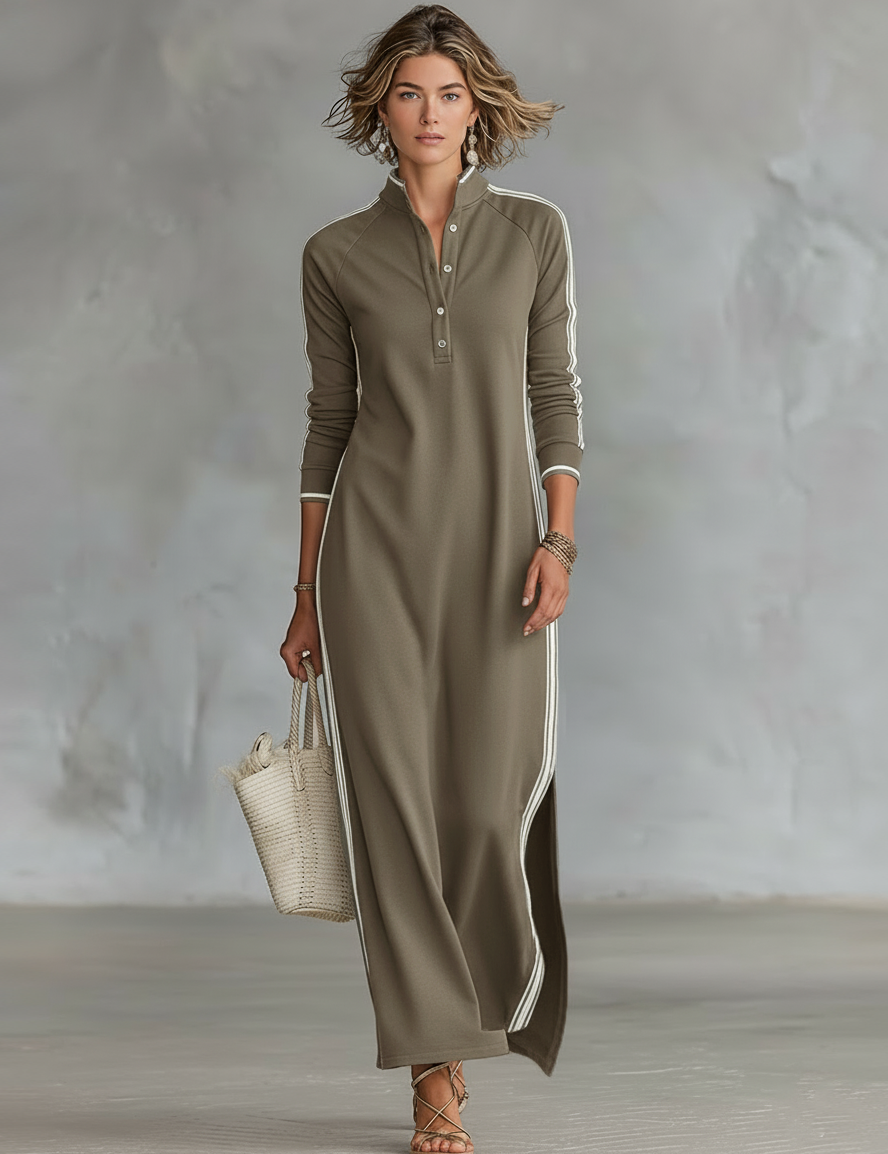 Women's Minimalist Casual Summer Long Dress Button-Down Collar White Trim Chic – Black