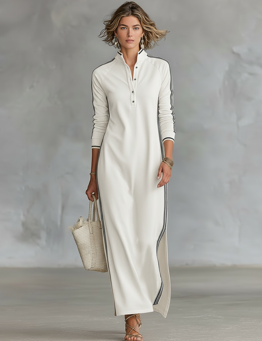 Women's Minimalist Casual Summer Long Dress Button-Down Collar White Trim Chic – Black