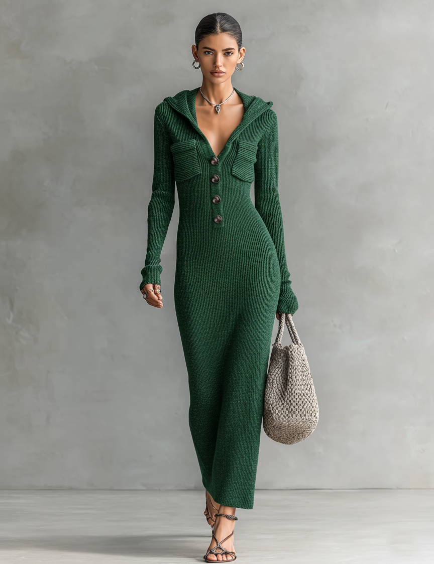 Women's Slim-Fit Hooded Knitted Long Casual Dress Long Sleeve Cozy Chic Everyday – Navy