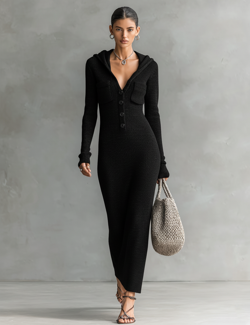 Women's Slim-Fit Hooded Knitted Long Casual Dress Long Sleeve Cozy Chic Everyday – Navy