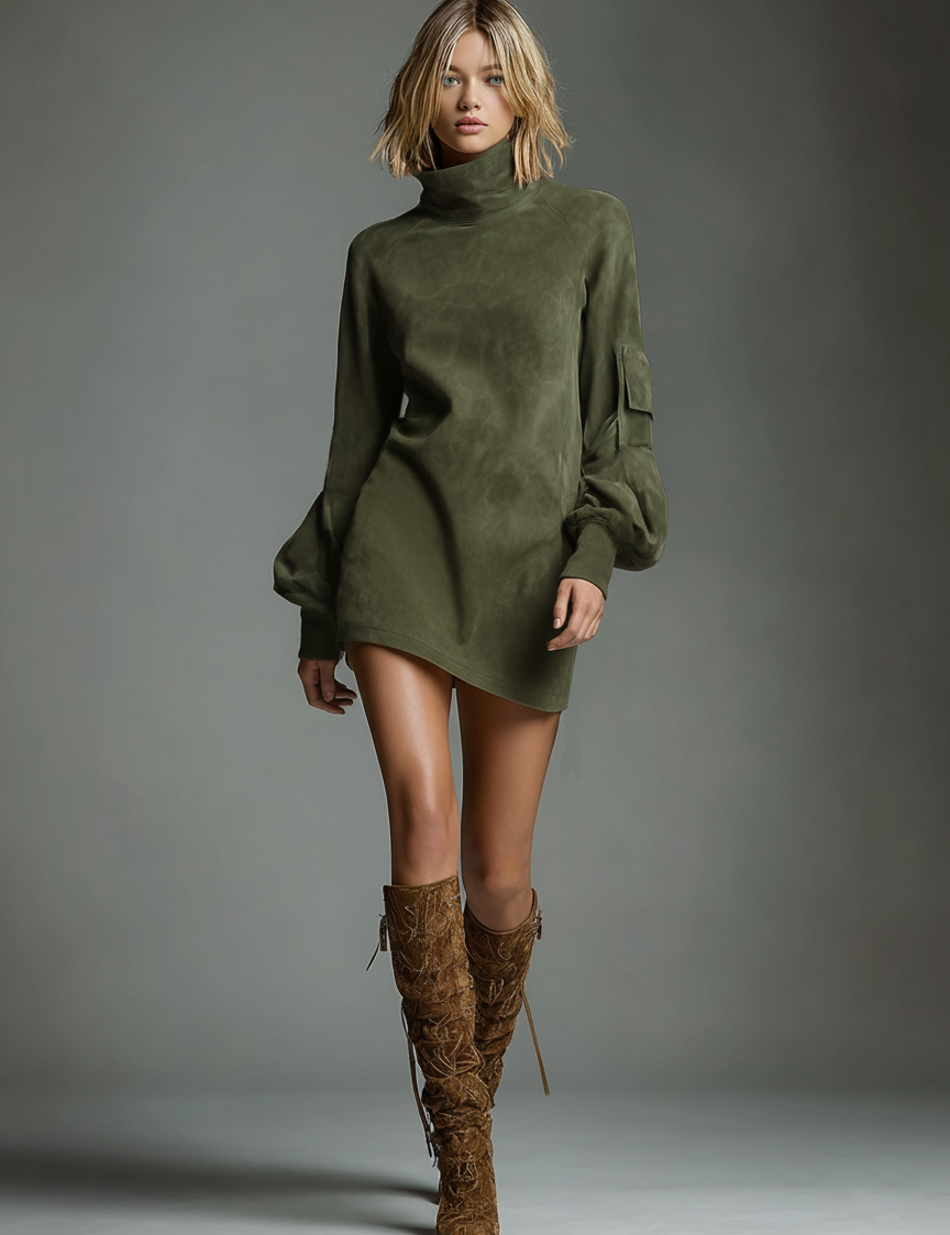 Women's Vintage Suede Mini Party Dress Turtleneck Long Sleeve Loose Fit Casual Retro – Brown