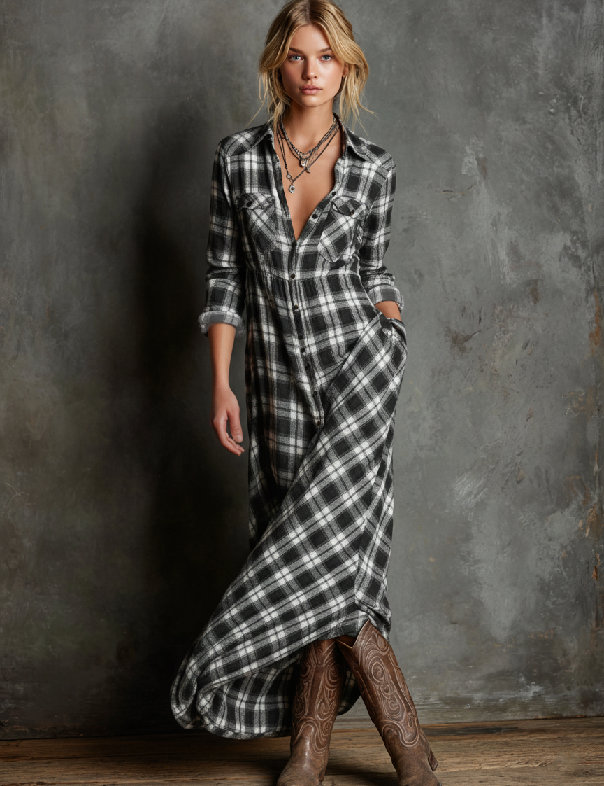 Women's Plaid Lapel Single-Breasted Shirt Long Dress Long Sleeve Cowgirl Casual Elegant – Green Tartan